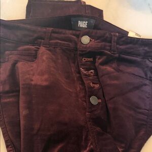 PAIGE Velvet Button-Fly Pants in Burgundy Plum